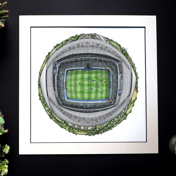 Artistic illustration of Brighton's Amex Stadium from an aerial view on a black background.